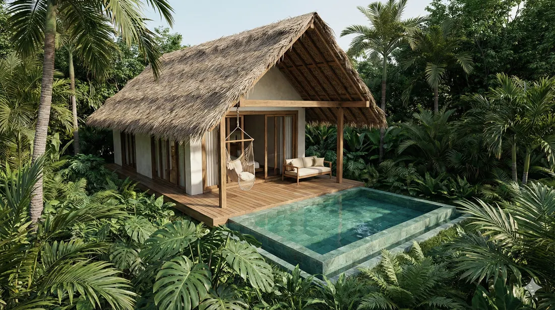 Bungalow villa: exterior with private pool under a thatched roof