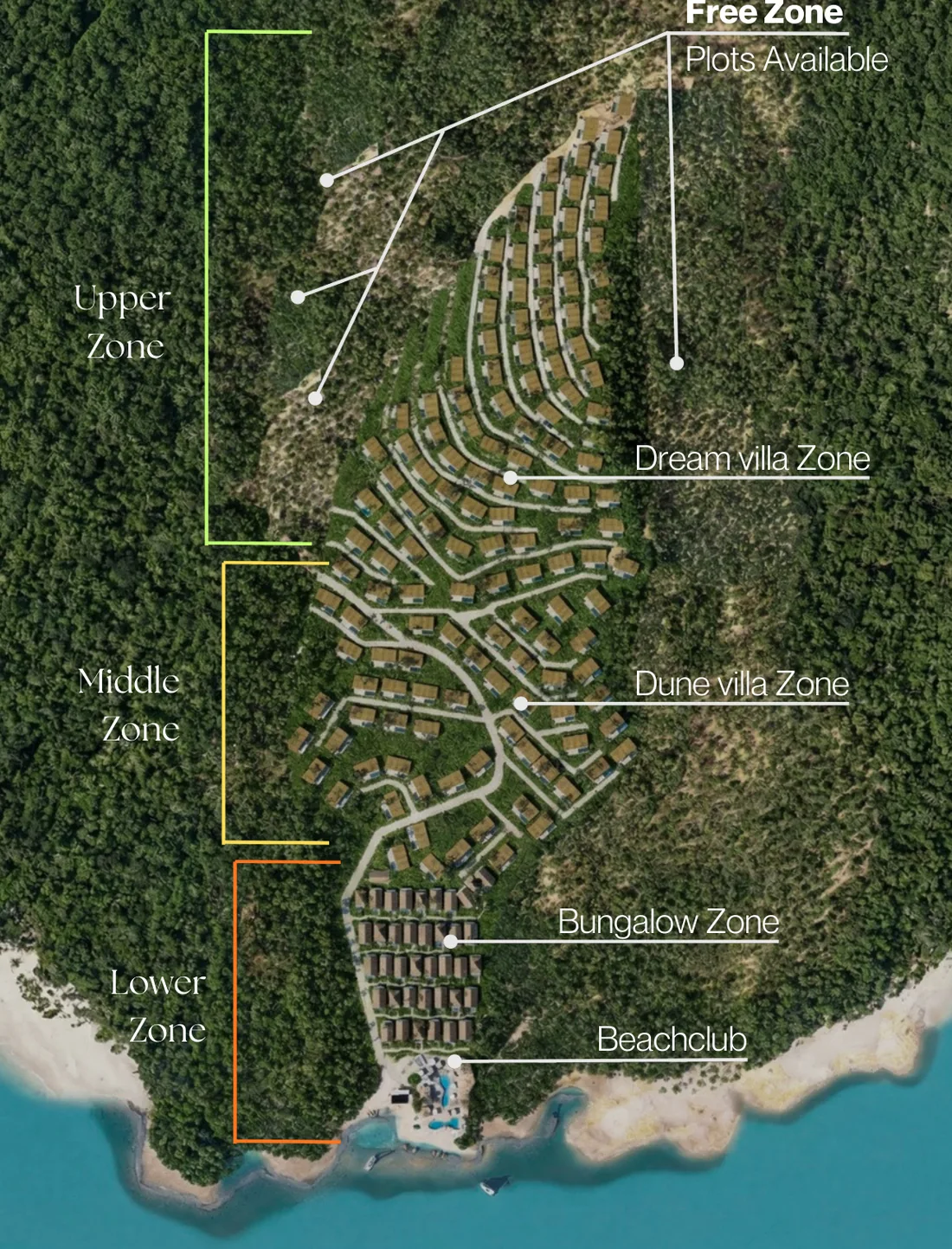 Site plan of Sandalwoods Resort showing the Beach Club, Bungalow Zone, Dune villa Zone, Dream villa Zone and Free Zone
